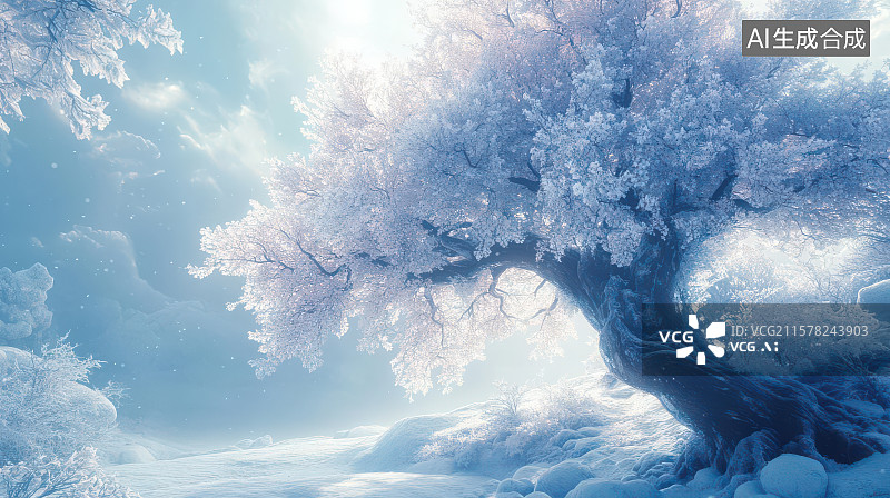【AI数字艺术】雪覆花树冬日梦幻景观图图片素材