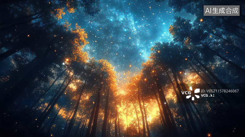 【AI数字艺术】梦幻森林星空火花夜景图图片素材