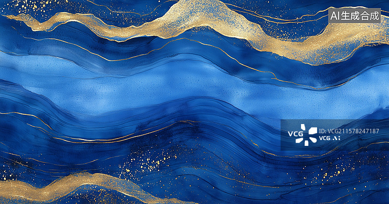 【AI数字艺术】蓝色与金色交织的抽象艺术画图片素材