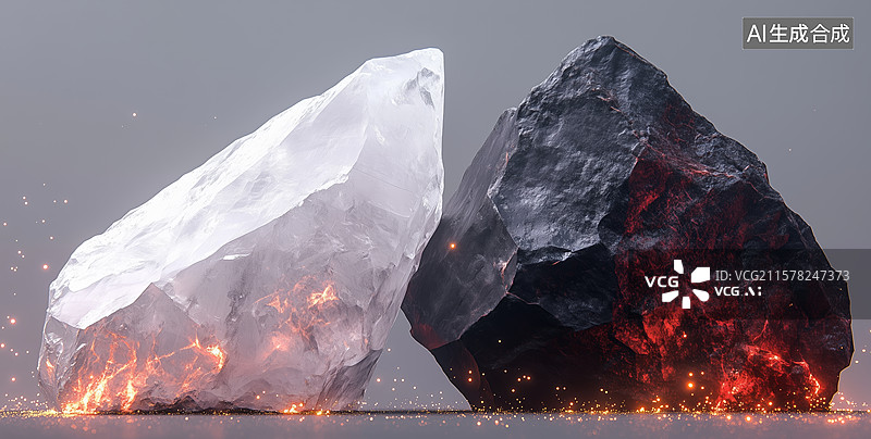 【AI数字艺术】冰火两重天：透明与暗红晶体的对比图片素材