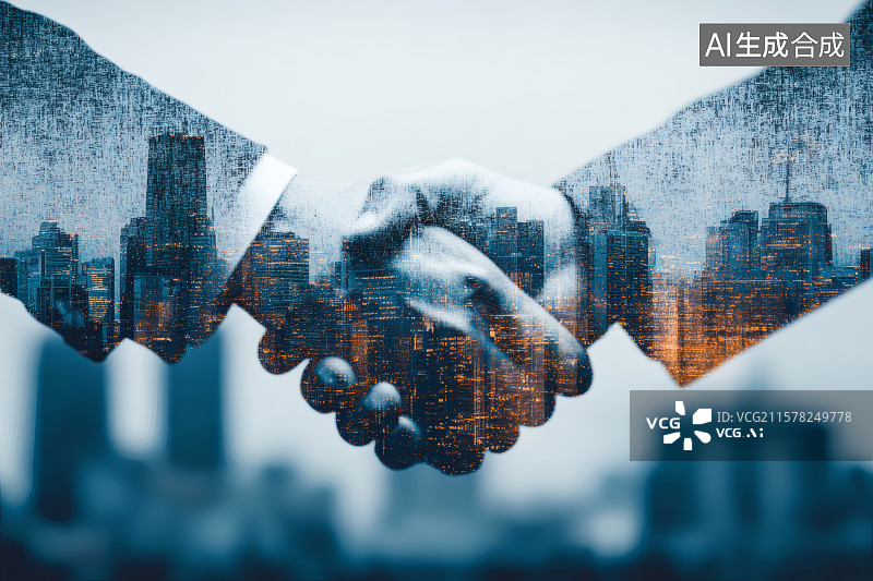 【AI数字艺术】城市为背景，两只大手紧紧的握在一起图片素材