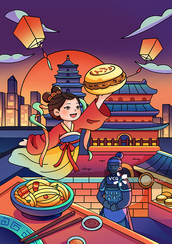 西安旅游西安美食运营页国风扁平风卡通插画图片素材