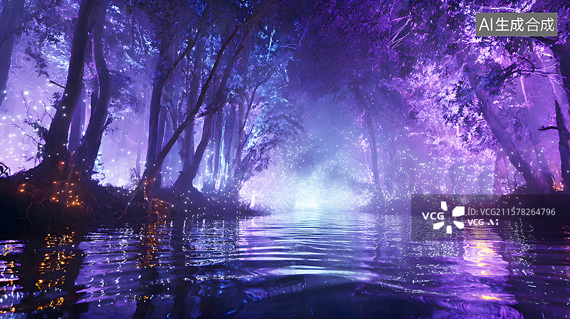 【AI数字艺术】AIGC：夜晚森林中发光的萤火虫 梦幻森林 童话故事 背景插图图片素材
