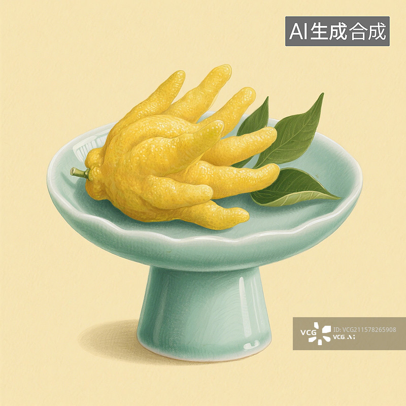 【AI数字艺术】国风手绘插画，青瓷盘子里的水果，佛手柑，佛手，香橼，文房清供图片素材