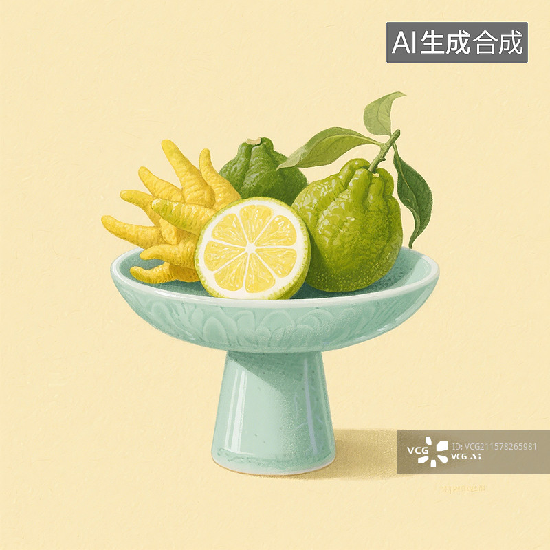 【AI数字艺术】国风手绘插画，青瓷盘子里的水果，佛手柑，佛手，香橼，文房清供图片素材