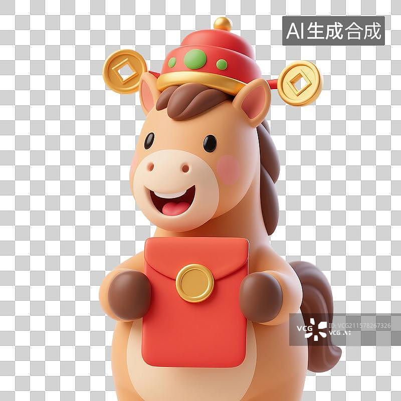 【AI数字艺术】3D渲染，可爱的的卡通小马，中式小马拿着红包，马上发财，马年，马，十二生肖，财神，赚钱，免抠元素图片素材