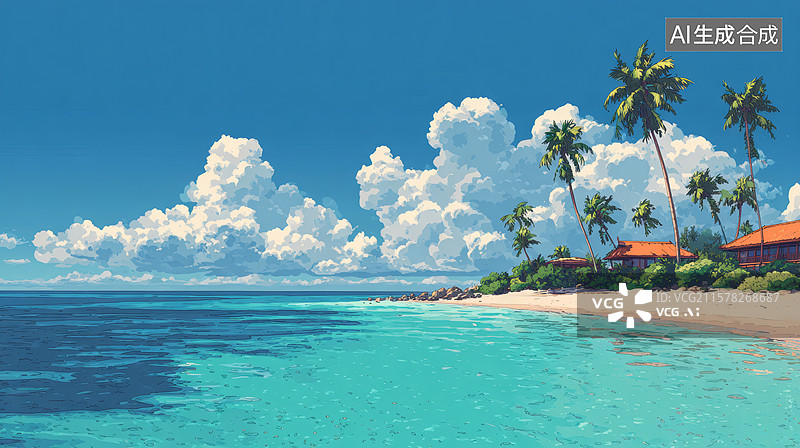 【AI数字艺术】热带岛屿夏天海滩风景插画图片素材