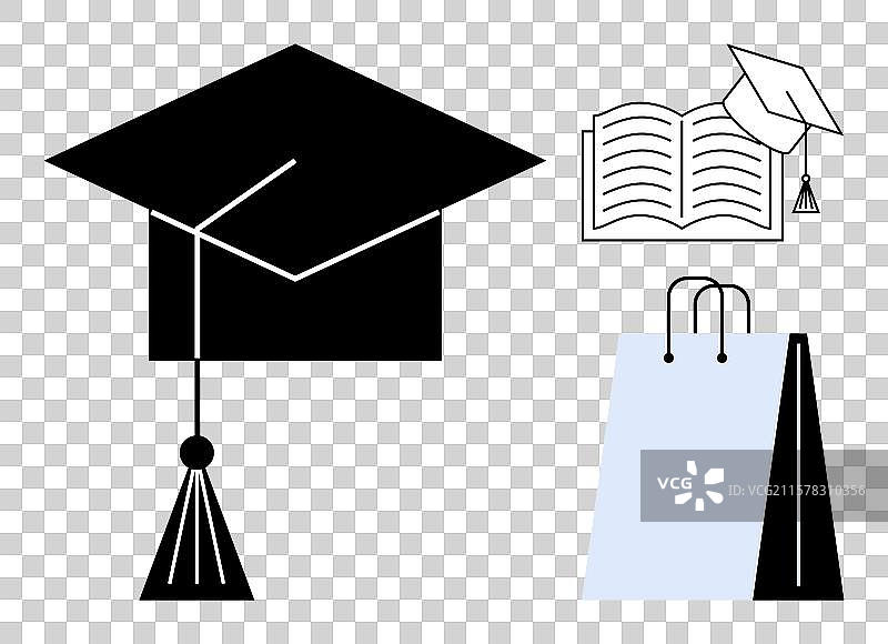 毕业帽、打开的书和购物袋图片素材