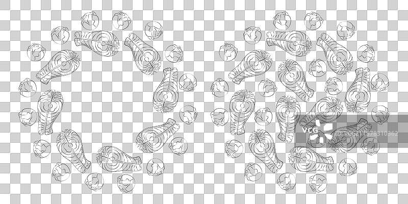 手绘的三文鱼排和球芽甘蓝图片素材