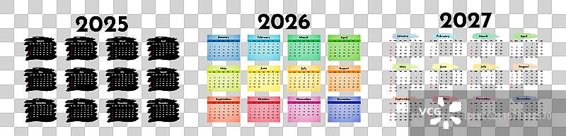 2025、2026和2027年的日历套装图片素材
