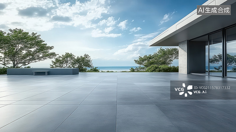 【AI数字艺术】现代建筑露台与海景图片素材