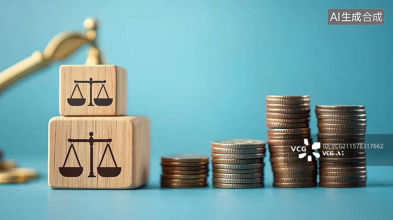 【AI数字艺术】法律与财务的象征：天平与硬币堆叠图片素材