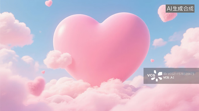 【AI数字艺术】粉色心形漂浮在云朵之上图片素材