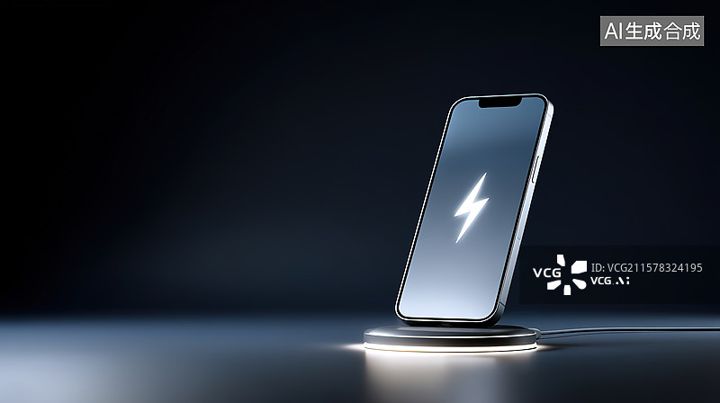 【AI数字艺术】蓝色背景下的智能手机和无线充电座——智能手机无线充电概念图片素材
