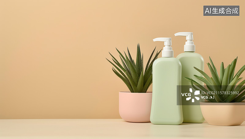 【AI数字艺术】浅色调护肤品瓶和盆栽图片素材