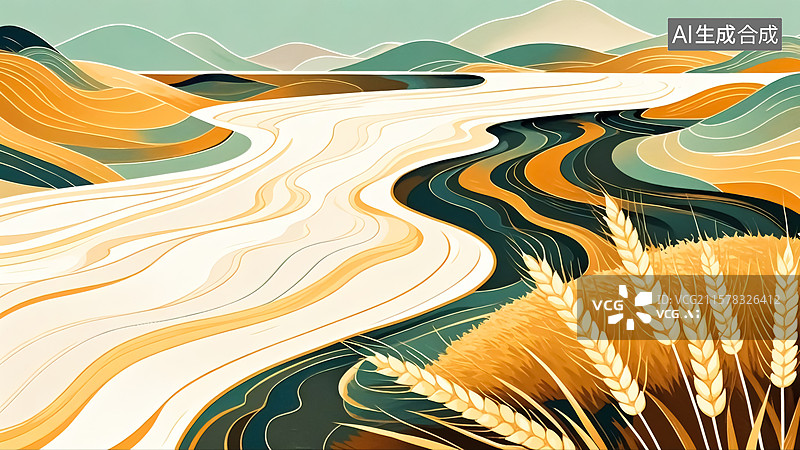 【AI数字艺术】秋天水稻风景插画图片素材