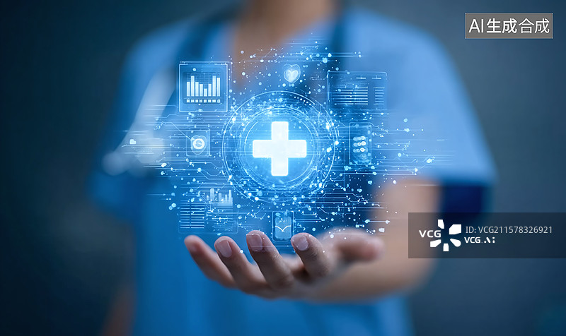 【AI数字艺术】医生手掌托医疗芯片十字，数据线条环绕，展现未来创新的智慧医疗科技场景 。图片素材