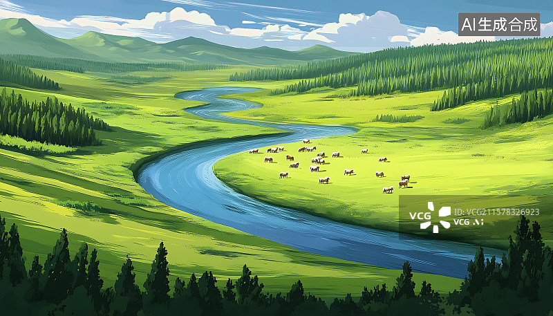 【AI数字艺术】呼伦贝尔草原牧场河湾，草原 牧场 插画 夏天 桌面 创意 设计 背景 壁纸图片素材