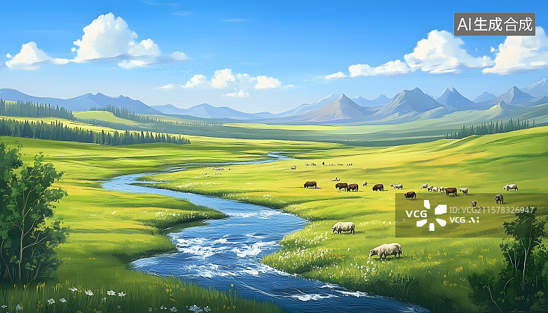 【AI数字艺术】呼伦贝尔草原牧场河湾图片素材