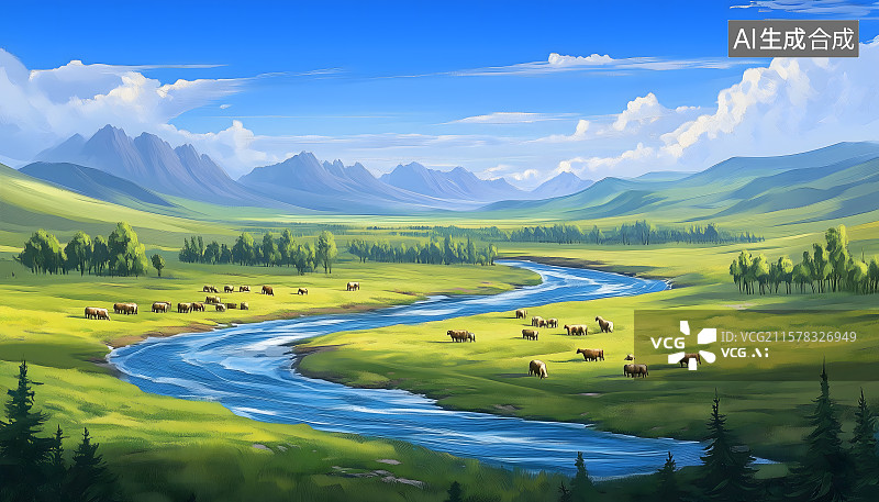 【AI数字艺术】呼伦贝尔草原牧场河湾，草原 牧场 插画 夏天 桌面 创意 设计 背景 壁纸图片素材