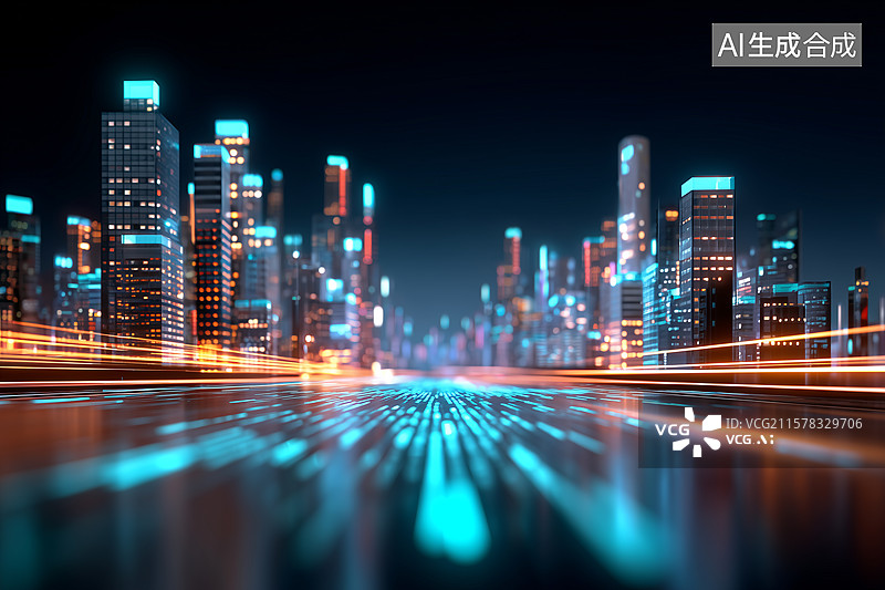 【AI数字艺术】数字化城市建筑与二进制代码数据流科技感夜景图片素材
