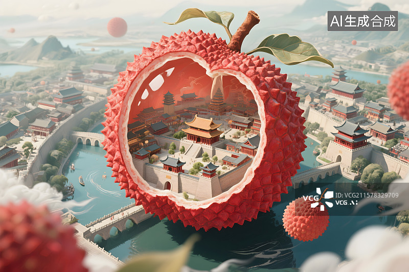 【AI数字艺术】长安的荔枝，荔枝，古城图片素材