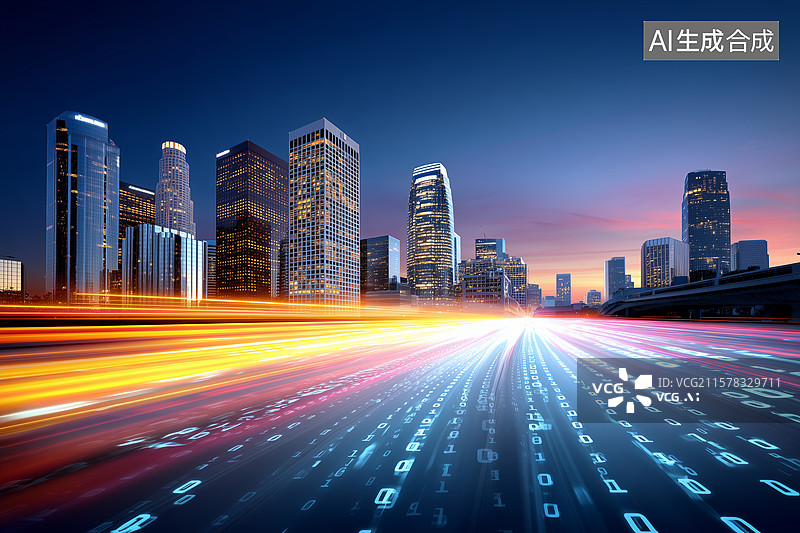 【AI数字艺术】数字化城市建筑与二进制代码数据流科技感夜景图片素材