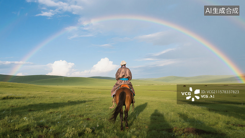 【AI数字艺术】牧民凝望着远处天边的彩虹图片素材