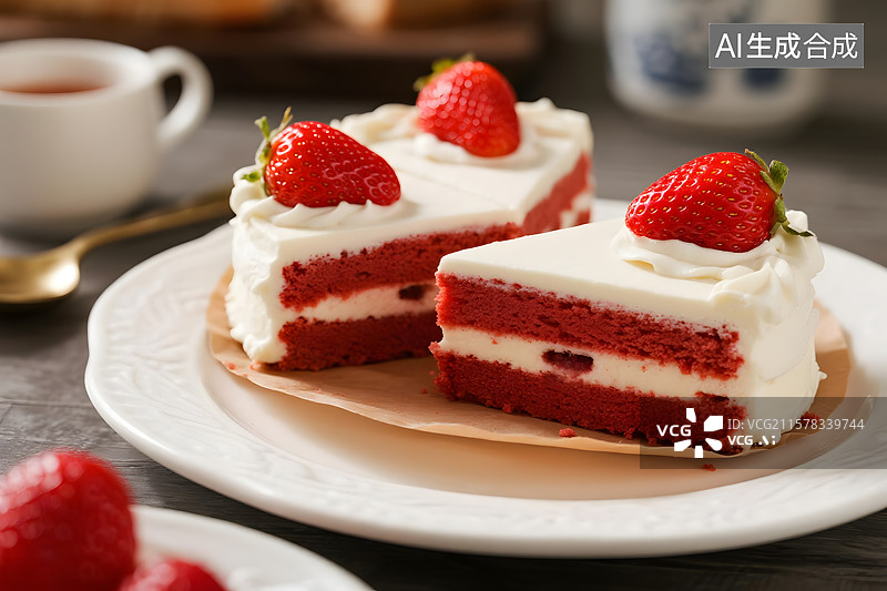 【AI数字艺术】草莓红丝绒奶油蛋糕图片素材