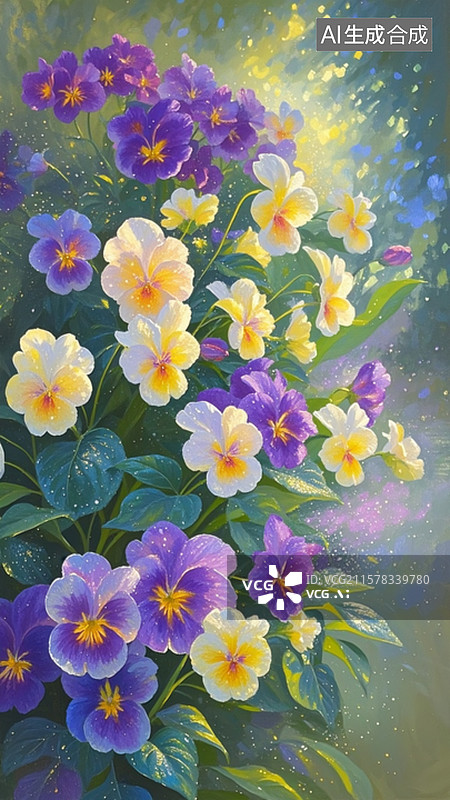 【AI数字艺术】各种颜色的小花丛，主体紫色的，黄色的，白色的鲁宾花，柔光。幻想。梦幻。艺术。油画笔触图片素材