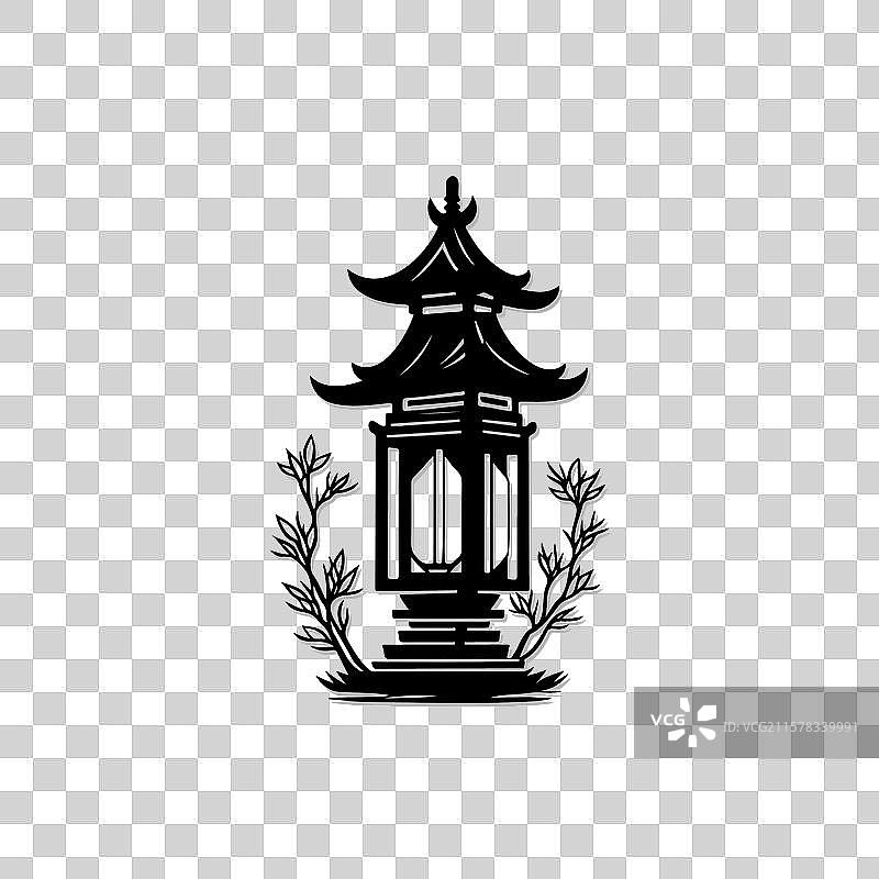 黑色宝塔剪影与精致的叶子图片素材