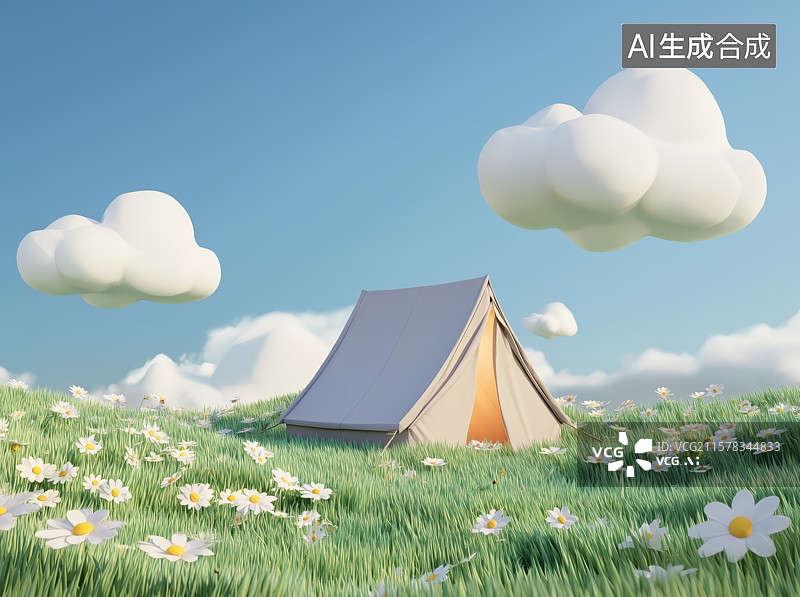 【AI数字艺术】草地上的帐篷与白云图片素材