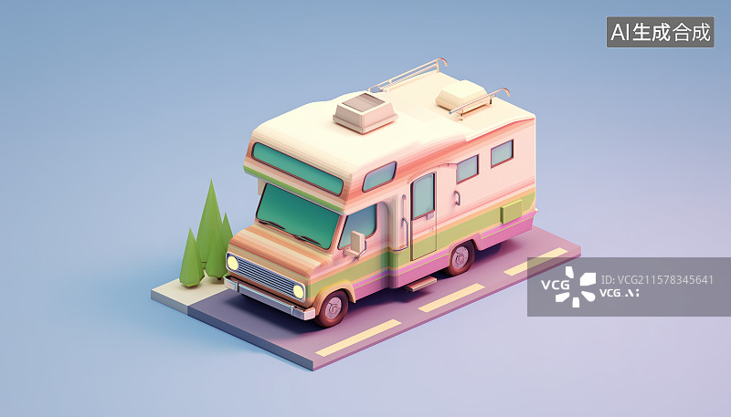 【AI数字艺术】粉色露营车的低多边形艺术图片素材