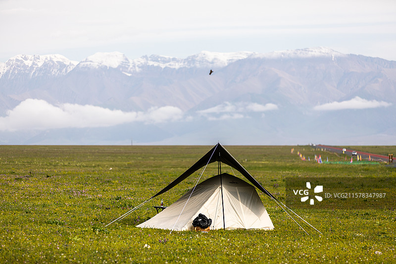 新疆赛里木湖日出雪山森林帐篷露营图片素材