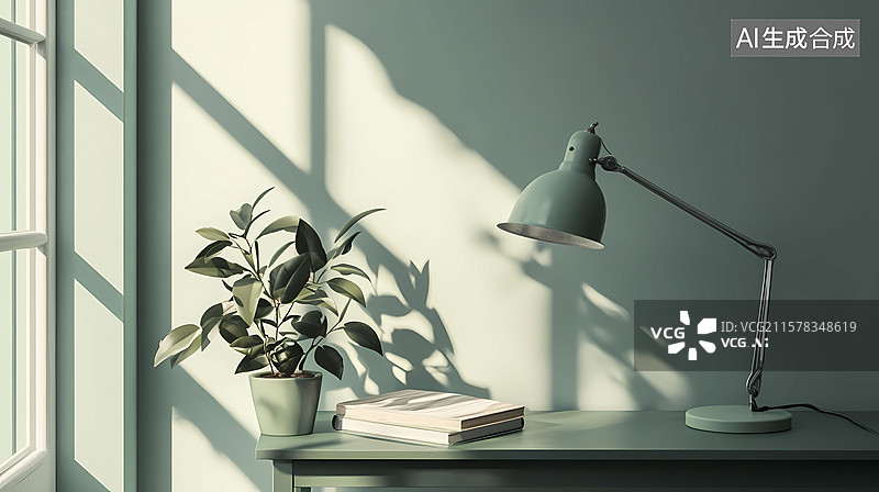 【AI数字艺术】室内绿墙桌子台灯植物海报背景图片素材