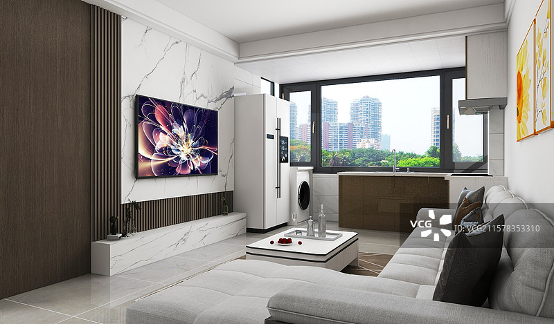 现代客厅开放式厨房效果图图片素材