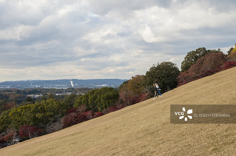 日本奈良若草山拥抱的情侣 秋天秋季枫叶季 山坡半山腰山顶 枫叶枫树林图片素材