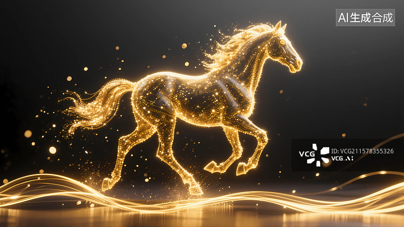 【AI数字艺术】金色发光粒子构成的骏马图片素材