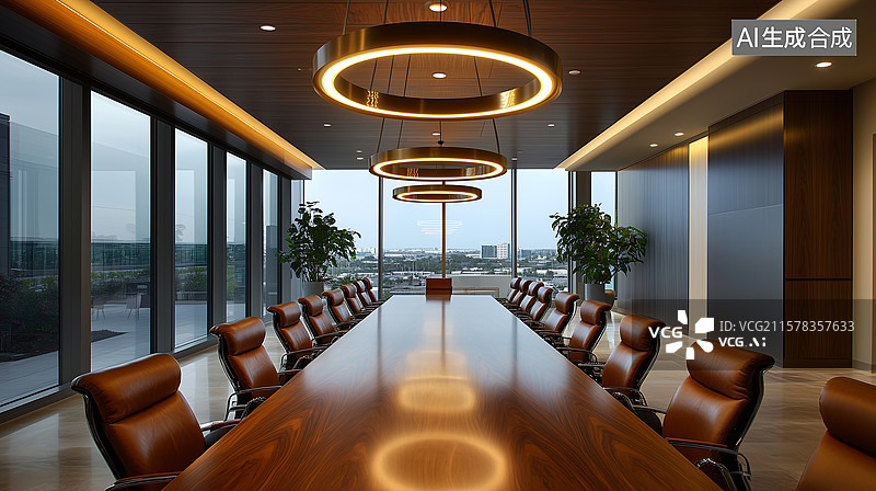 【AI数字艺术】现代高管会议室：胡桃木桌与奢华内饰的温馨空间图片素材