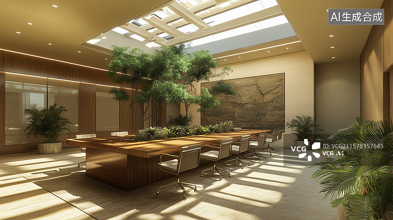 【AI数字艺术】自然灵感会议室：木桌绿植与柔光交织的办公空间图片素材