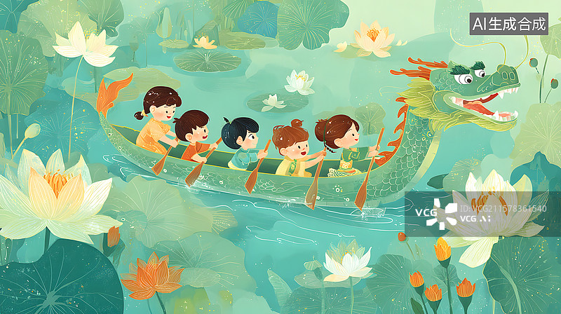 【AI数字艺术】端午龙舟划船插画图片素材