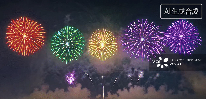 【AI数字艺术】五颜六色彩色烟花绽放绚烂多彩无限循环动画动图夜空云朵 新年跨年春节除夕元宵节国庆节庆典庆祝喜庆背景图片素材