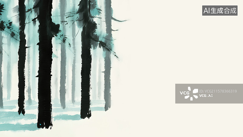 【AI数字艺术】复古中国风水墨画居左背景，高大的巨型树木树干茂密的丛林森林树林新国风墨色淡彩中国画大写意没骨画装饰画图片素材