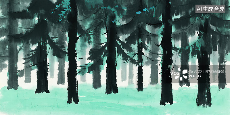 【AI数字艺术】高大的巨型树木树干茂密的丛林森林树林层次感 新国风墨色青绿色绿松石色淡彩中国画大写意没骨画装饰画速写图片素材