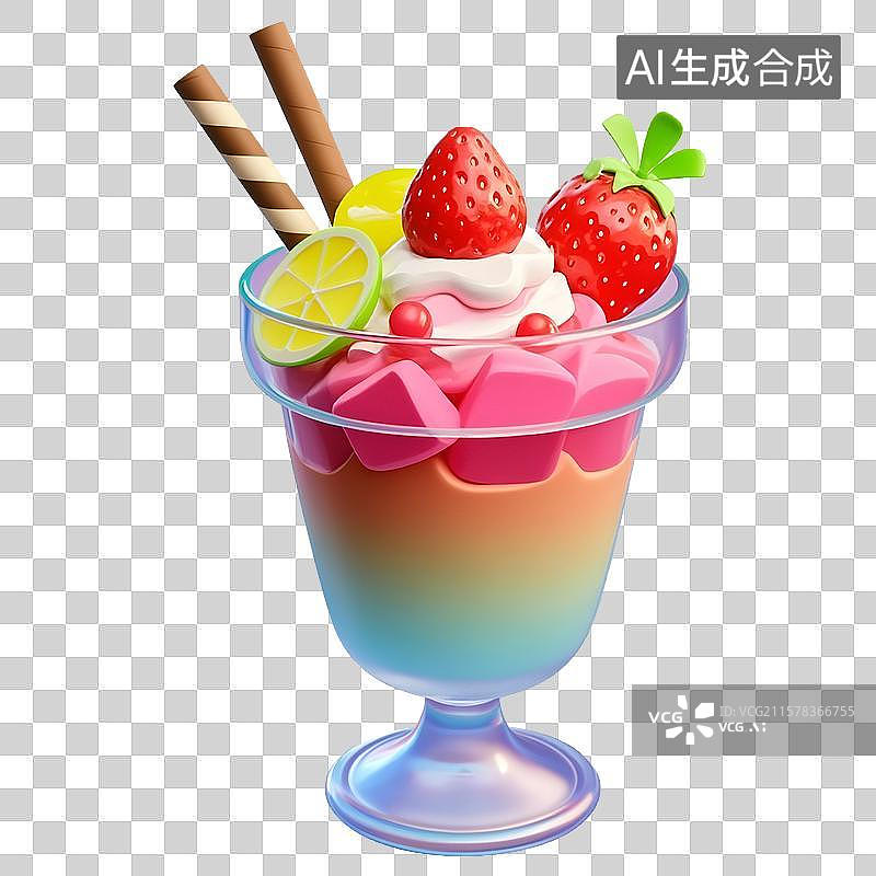 【AI数字艺术】夏日甜品美食草莓柠檬芒果三色冰淇淋水果雪糕在玻璃杯里， 三维图形图片素材