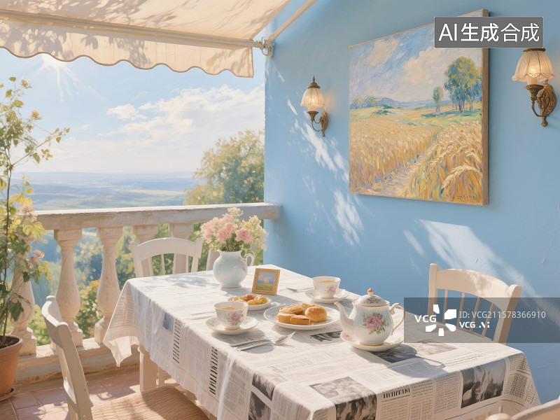 【AI数字艺术】日光漫溢：田园露台的闲适时光图片素材