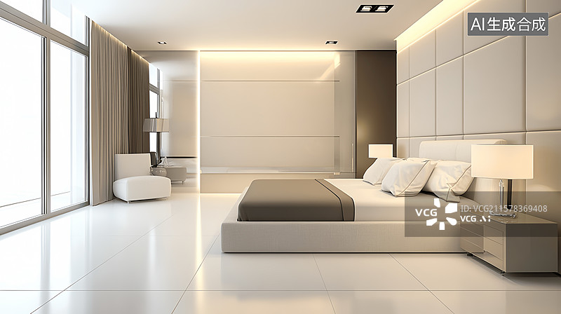 【AI数字艺术】现代轻奢简约公寓主卧室内部样板间图片素材