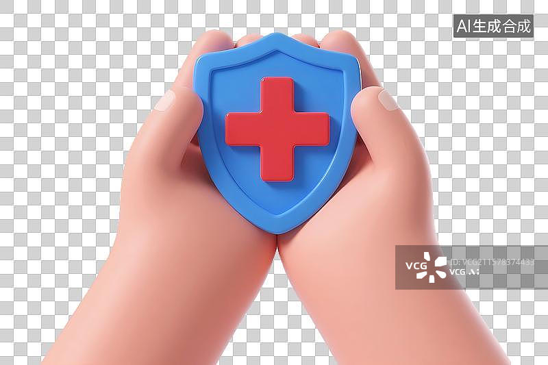 【AI数字艺术】手捧有红十字的蓝色盾牌，医学健康概念三维插画图片素材
