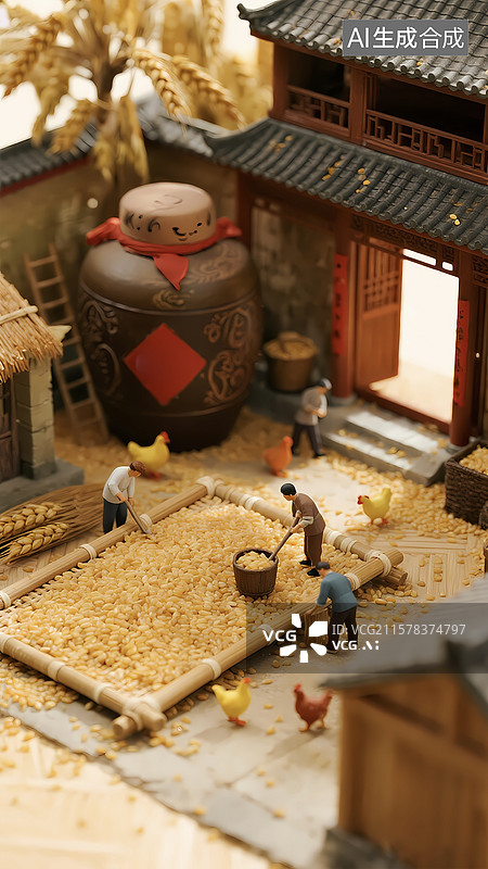 【AI数字艺术】谷堆粮仓农民翻晒粮食微距场景图片素材