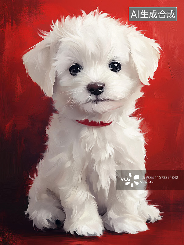 【AI数字艺术】红底小白狗油画插画图片素材